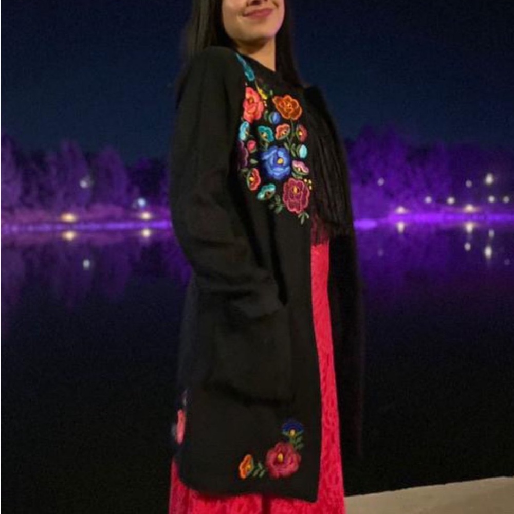 Floral Embroidered Black Women's Coat